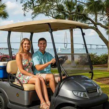 Driving a golf cart near Charleston harbour